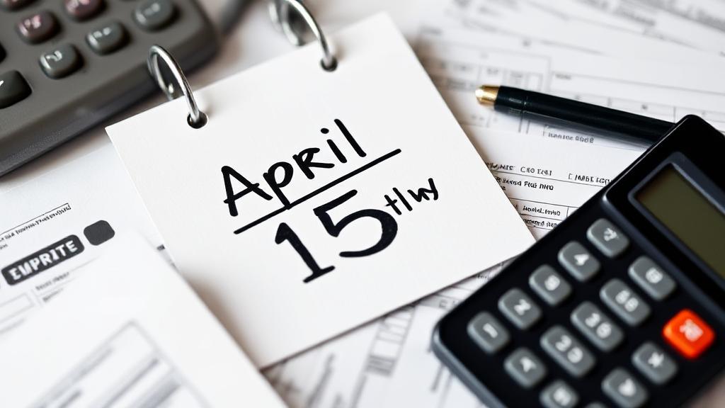 A calendar marked with the April 15th deadline, surrounded by tax forms and a calculator.