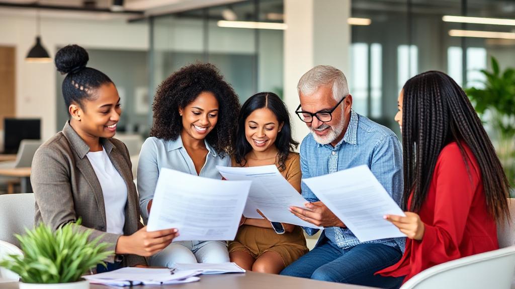 A diverse group of small business owners reviewing insurance documents in a modern office setting.
