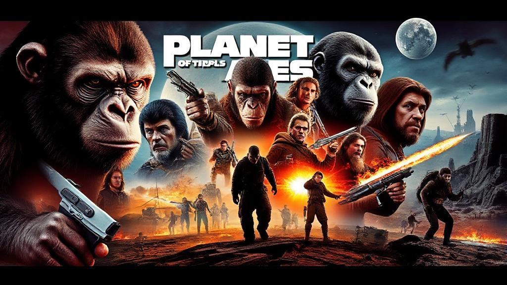A dynamic collage featuring iconic scenes and characters from the Planet of the Apes film series, set against a backdrop of a dystopian landscape.