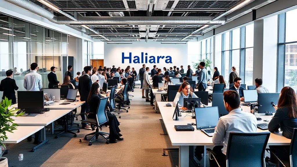 A sleek, modern office space bustling with diverse professionals, symbolizing Halara's expansive global reach and innovative headquarters.
