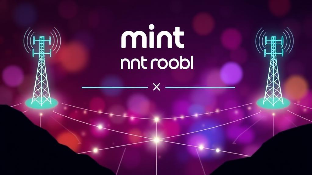 A vibrant graphic illustrating the partnership between Mint Mobile and its network provider, featuring interconnected mobile towers and digital signals.