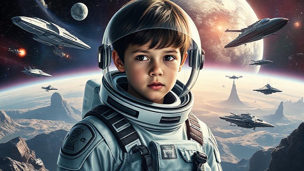 A futuristic collage featuring a young protagonist in a space suit, surrounded by starships and cosmic landscapes, capturing the essence of "Ender's Game."