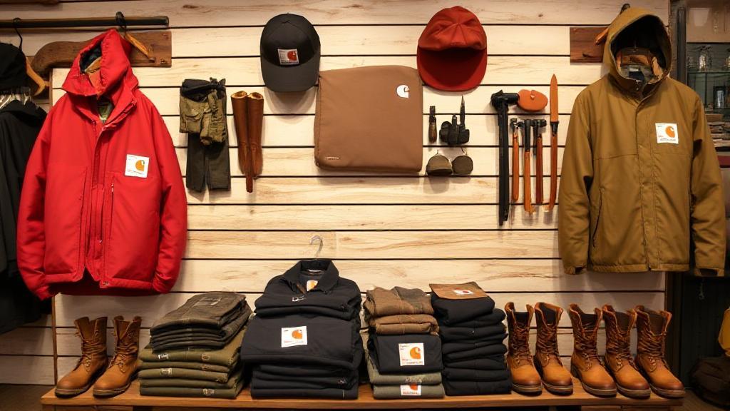 A display of Carhartt clothing and accessories in a rustic retail setting, showcasing durable jackets, hats, and work boots.