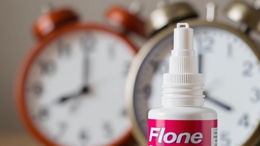 A close-up image of a nasal spray bottle with a clock in the background, symbolizing the onset time of Flonase's effectiveness.