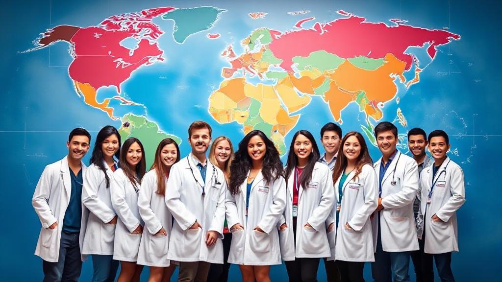 A diverse group of medical students in white coats, standing in front of a world map, symbolizing global opportunities in medical education.