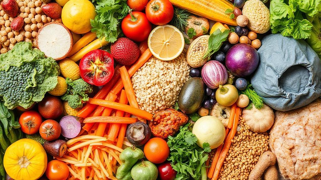 A vibrant collage of diverse foods, including fruits, vegetables, grains, and proteins, showcasing their natural colors and textures.