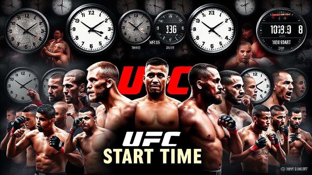 A dynamic collage of UFC fighters in action, set against a backdrop of clocks and time zones, illustrating the global anticipation for fight start times.