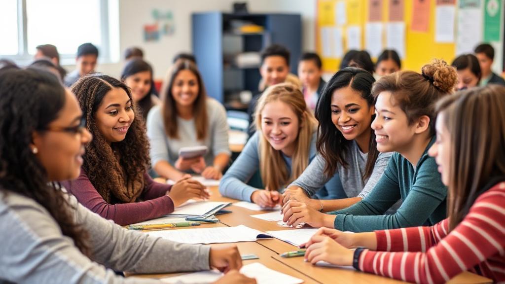 A diverse group of enthusiastic teachers engaging with students in a vibrant classroom setting.
