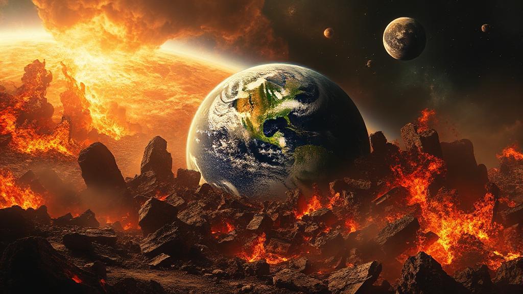 A dramatic depiction of a crumbling Earth set against a backdrop of cosmic chaos and fiery destruction.