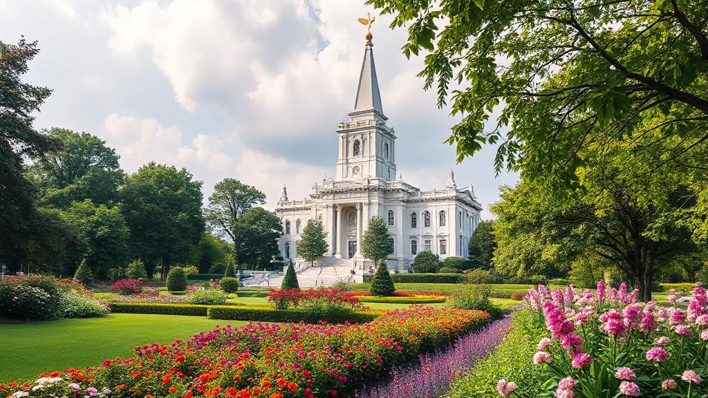A serene image of the Salt Lake Temple surrounded by lush gardens, symbolizing the faith and community of Latter-day Saints.