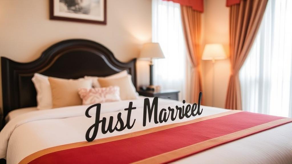 A beautifully decorated hotel room with a "Just Married" sign on the bed, symbolizing a perfect wedding accommodation.