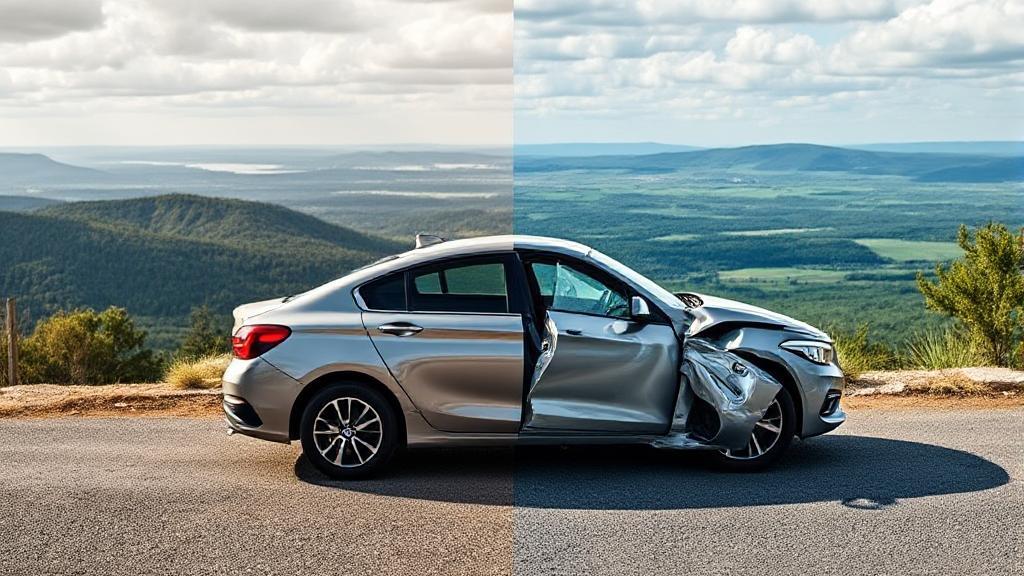 A car parked on a scenic overlook, with a split image showing one side in pristine condition and the other side damaged, symbolizing the protection offered by gap insurance.