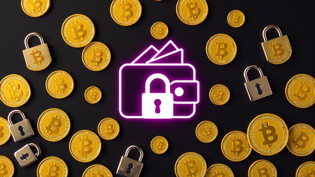 A digital wallet icon surrounded by padlocks and bitcoins on a dark background, symbolizing secure and safe acquisition of cryptocurrency.