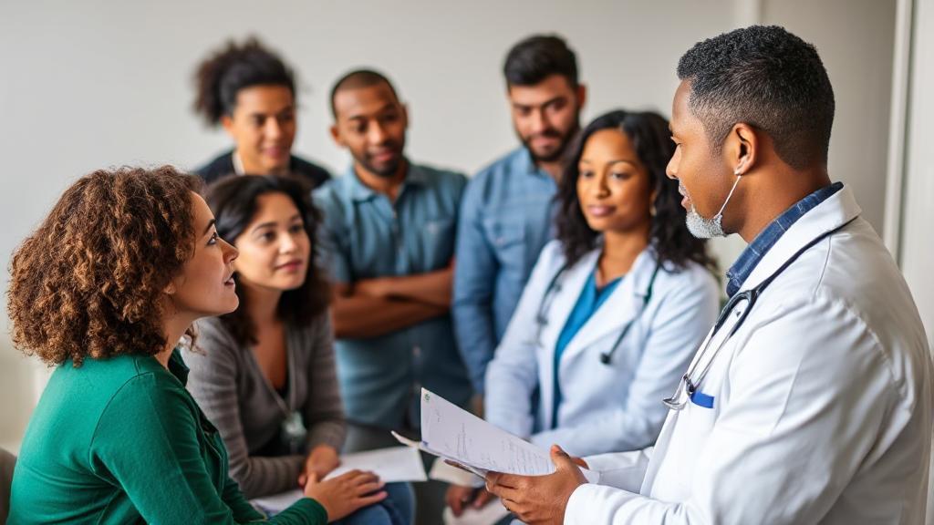A diverse group of individuals consulting with a healthcare professional about Paxlovid treatment options.