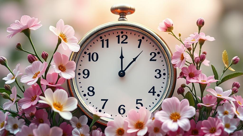 A serene clock face surrounded by blooming flowers, symbolizing the gradual and hopeful journey of Wellbutrin's effectiveness.