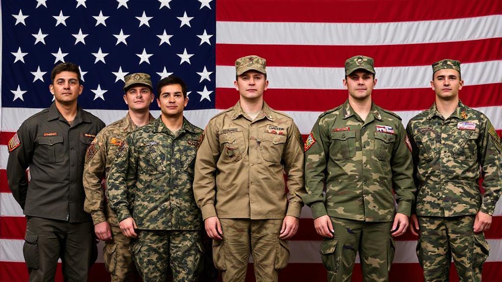 A diverse group of soldiers standing in uniform, showcasing varying heights against a backdrop of the American flag.