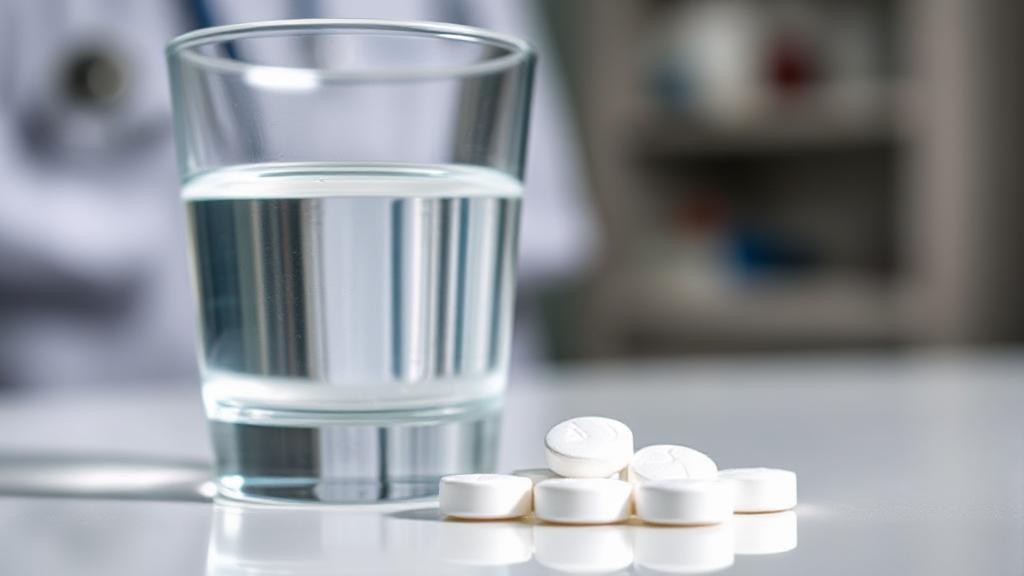 A close-up image of Metronidazole tablets beside a glass of water, set against a blurred background of a doctor's office.