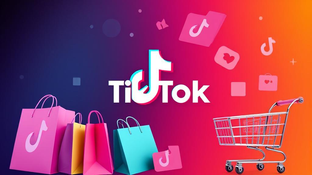 A vibrant collage of TikTok's logo, shopping bags, and digital shopping carts, symbolizing the fusion of social media and e-commerce.