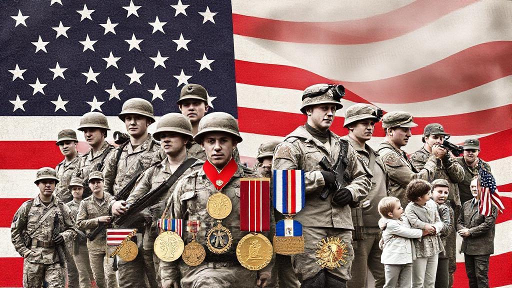A balanced collage depicting soldiers in various roles alongside symbols of military life, such as medals and family reunions, set against a backdrop of the American flag.