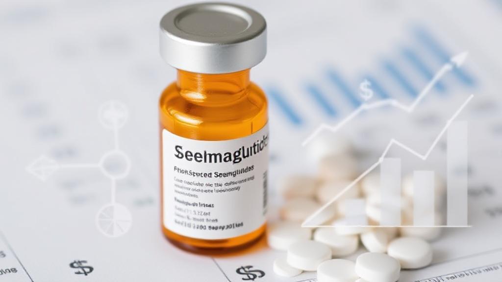 A detailed breakdown of semaglutide costs, featuring a close-up of the medication alongside financial symbols and graphs.