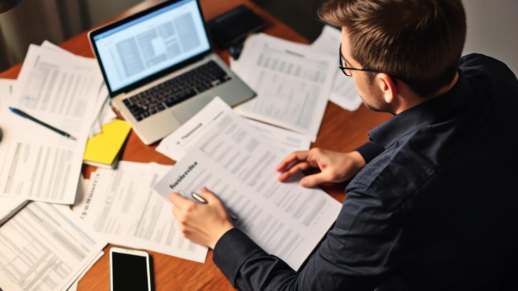 A person sitting at a desk surrounded by tax documents and a laptop, looking thoughtfully at a checklist.