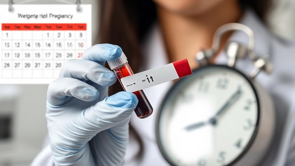 A close-up of a lab technician holding a blood sample vial, with a calendar and clock in the background, symbolizing the timing of pregnancy test results.