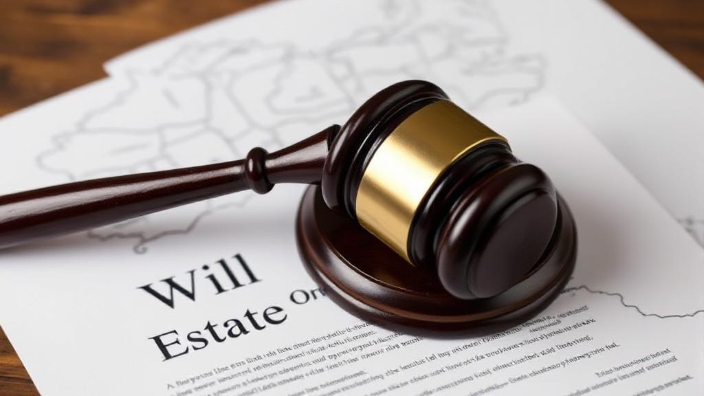 A professional-looking image of a gavel resting on a legal document, symbolizing will and estate law, with a subtle map outline in the background.