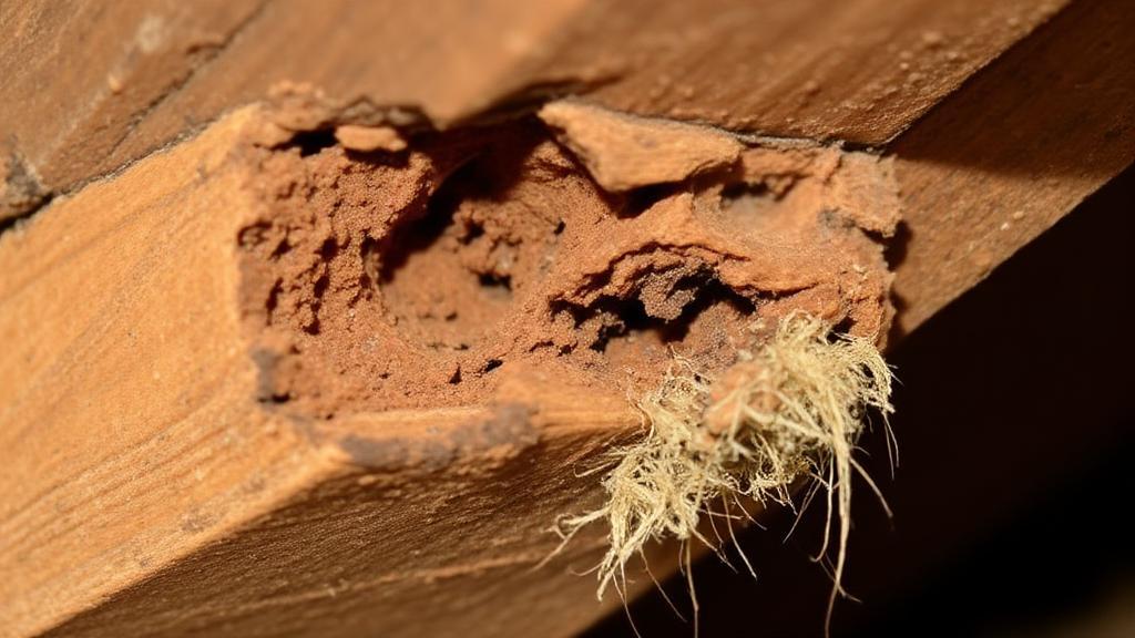 A close-up image of damaged wooden beams with visible termite tunnels and frass, highlighting the destructive signs of a termite infestation.