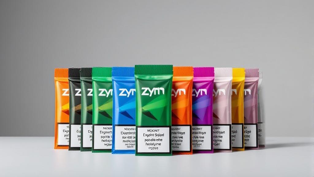 A sleek arrangement of colorful Zyn nicotine pouches against a minimalist background, highlighting the brand's variety and appeal.