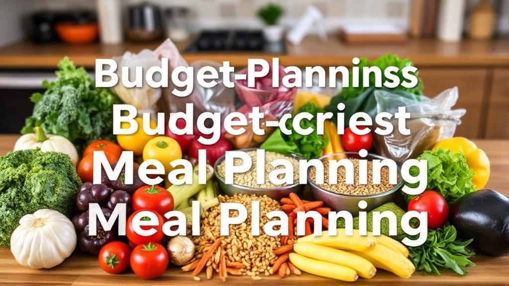 A colorful assortment of fresh produce, grains, and proteins arranged on a kitchen table, symbolizing balanced and budget-conscious meal planning.
