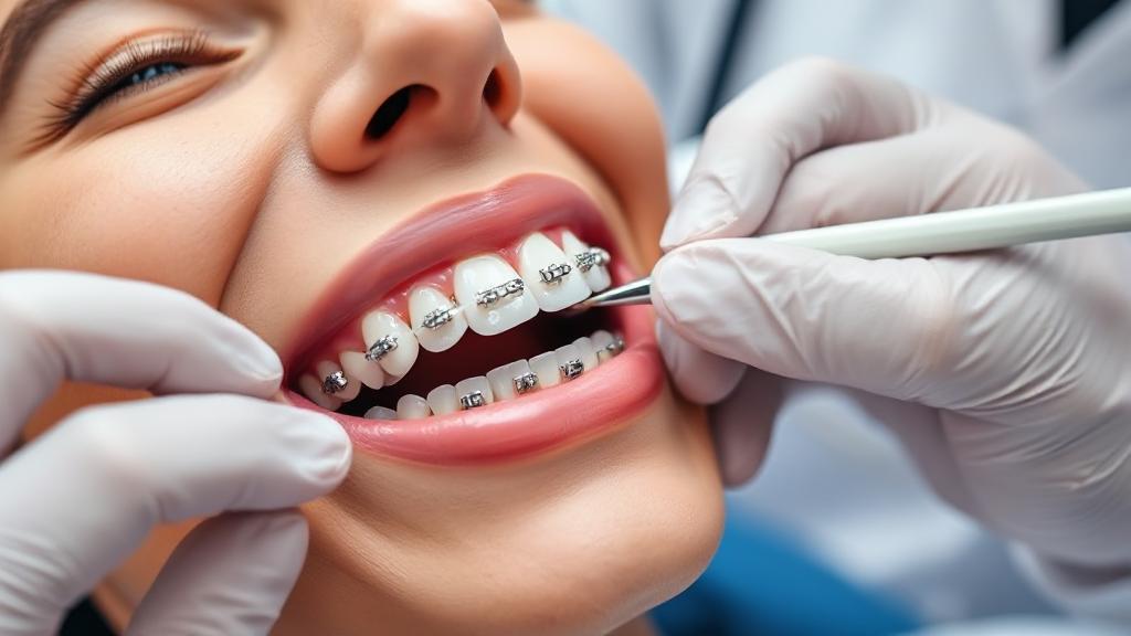 A close-up image of an orthodontist's hands carefully applying braces to a patient's teeth in a dental clinic setting.