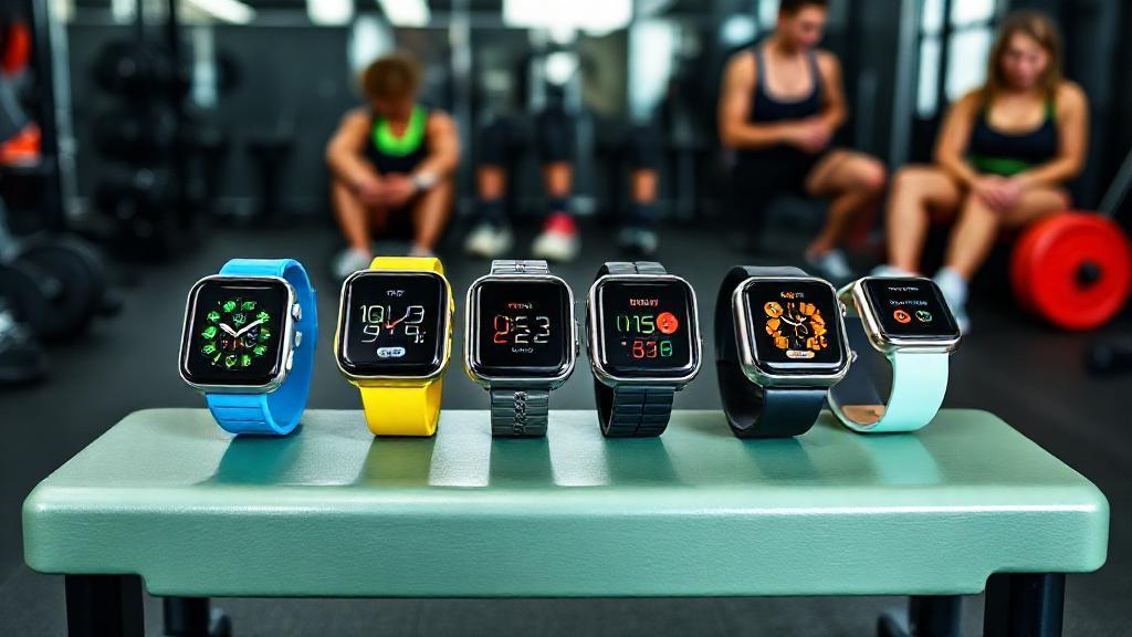 A vibrant lineup of the latest smartwatches displayed on a gym bench, surrounded by fitness gear and energetic athletes in the background.