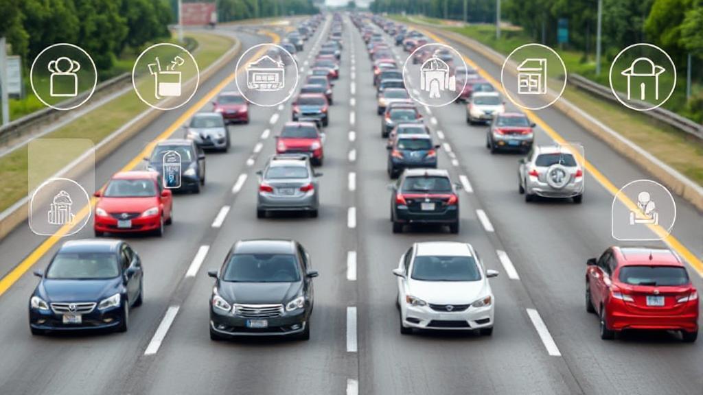 A diverse array of cars on a highway, each with a transparent overlay of various insurance icons and symbols.