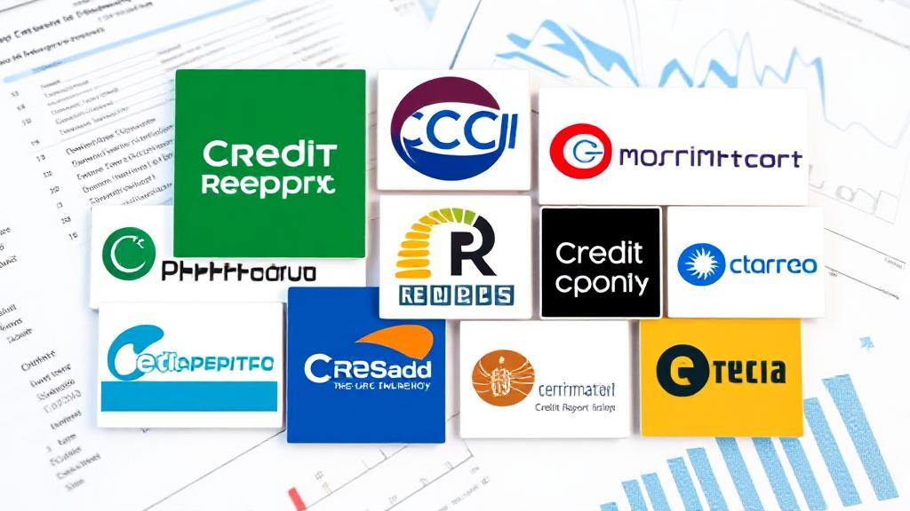 A collage of logos from major credit reporting agencies set against a backdrop of financial documents and graphs.