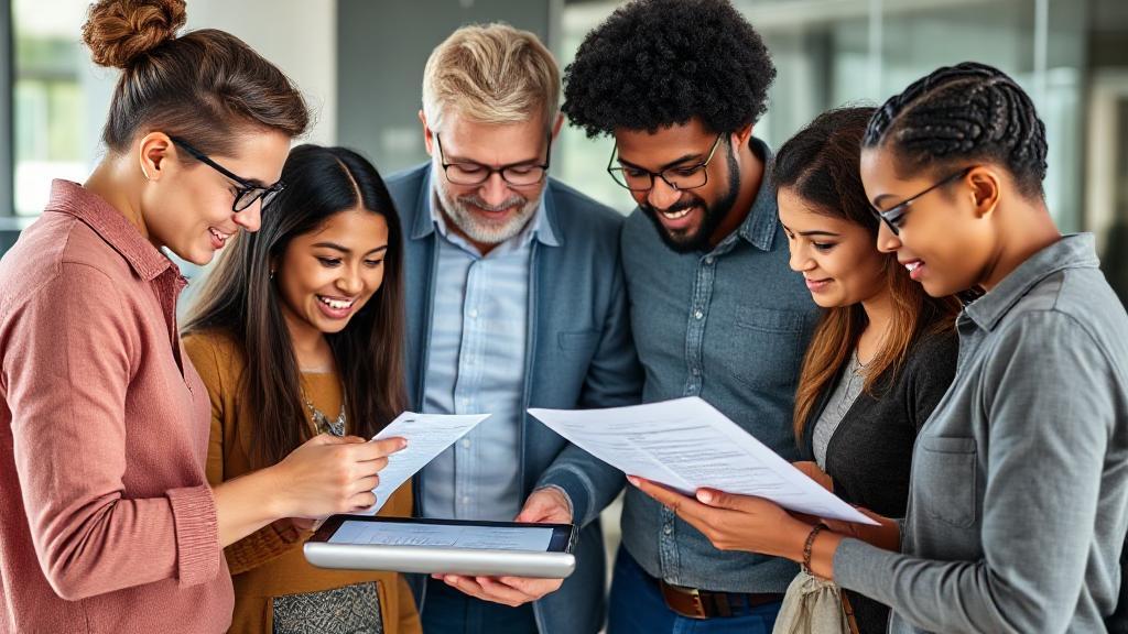 A diverse group of people examining health insurance documents and comparing plans on a digital tablet.