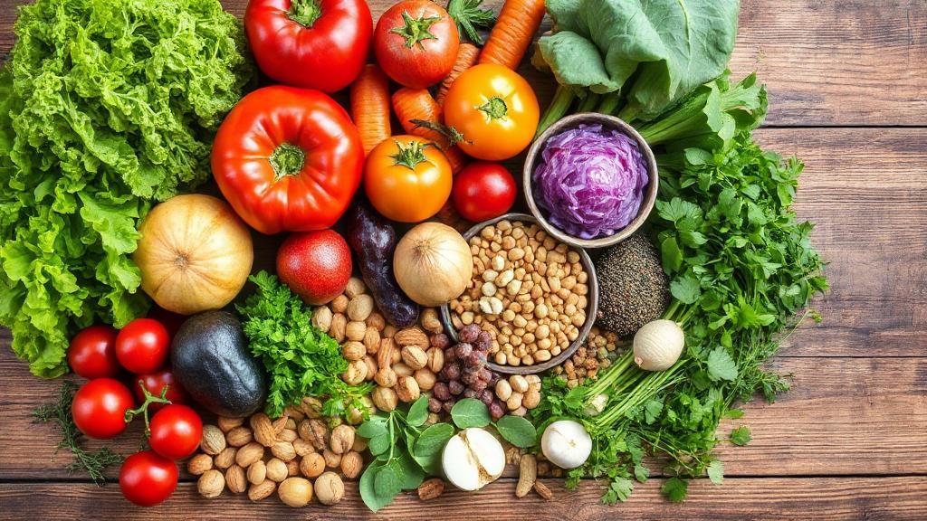 A vibrant assortment of fresh fruits, vegetables, nuts, and herbs arranged on a wooden table, symbolizing natural anti-inflammatory foods.