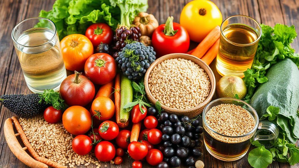 A vibrant assortment of fresh fruits, vegetables, and whole grains arranged on a rustic table, with a glass of water and herbal tea, symbolizing natural digestive health.