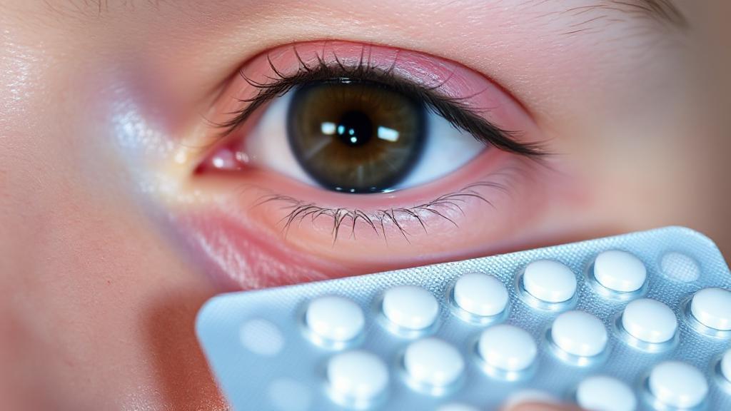 A close-up image of an eye with mild redness, accompanied by a blister pack of amoxicillin tablets in the foreground.