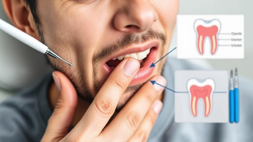 A close-up image of a person gently pressing their cheek in discomfort, with a focus on their mouth, surrounded by dental tools and a diagram of a tooth.