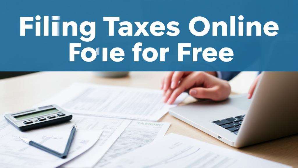 A header image featuring a person using a laptop with tax documents and a calculator on a desk, symbolizing the process of filing taxes online for free.
