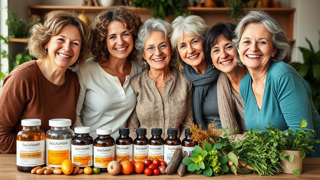 A vibrant, empowering image of diverse women in midlife smiling together, surrounded by natural supplement bottles and fresh herbs.