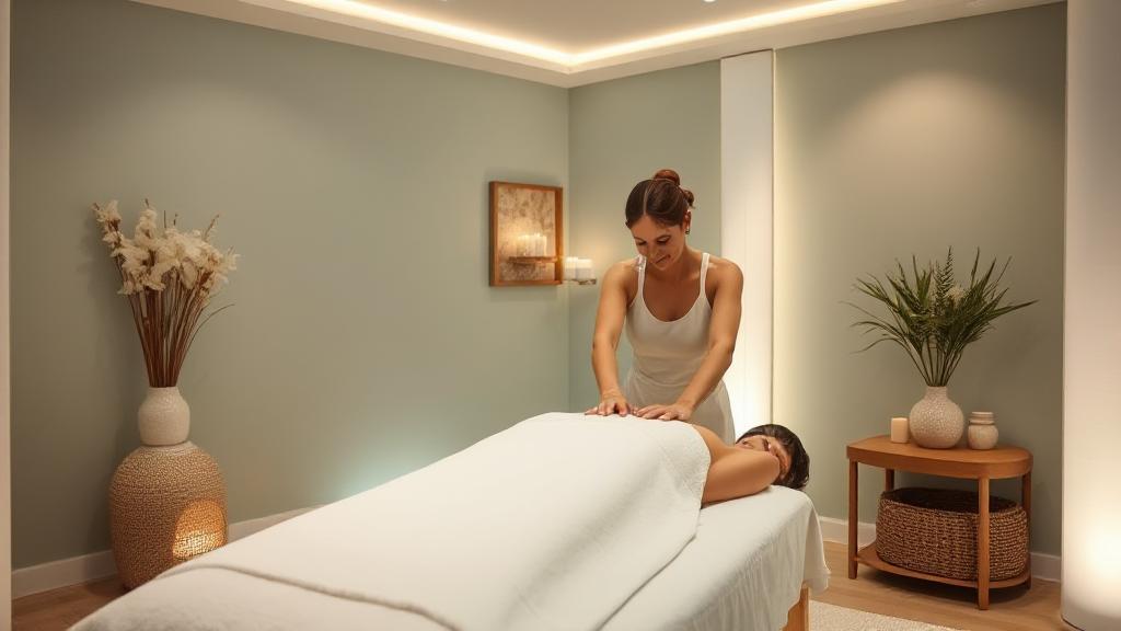 A serene spa setting with a massage therapist at work, surrounded by calming decor and soft lighting.