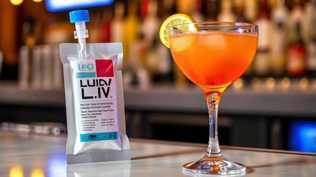 A vibrant image of a Liquid IV packet and a cocktail glass on a bar counter, symbolizing the debate on hydration timing with alcohol consumption.