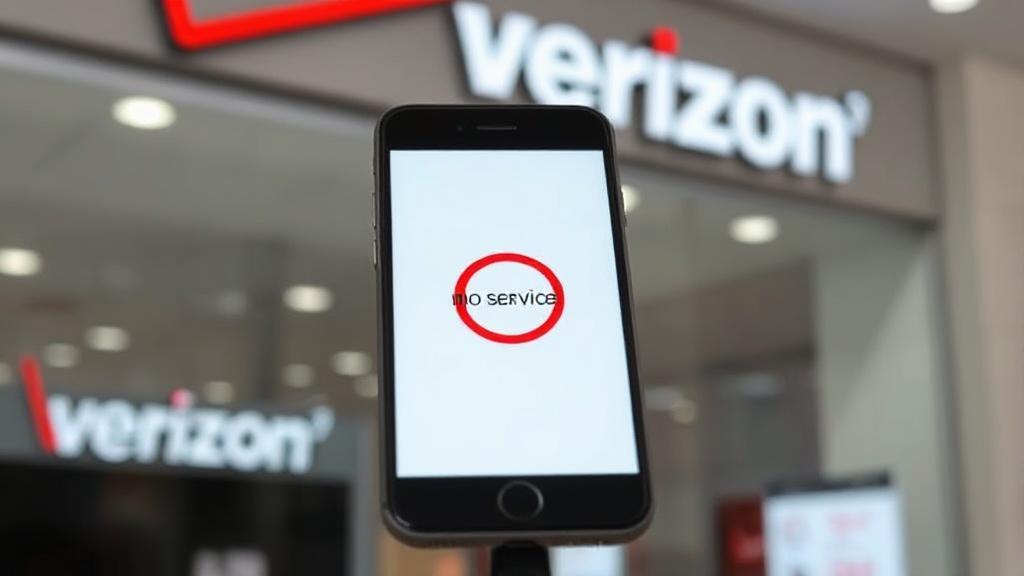 A smartphone displaying a "No Service" message against a backdrop of a Verizon store.