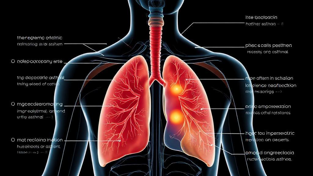 A detailed illustration of the human respiratory system highlighting areas affected by asthma.