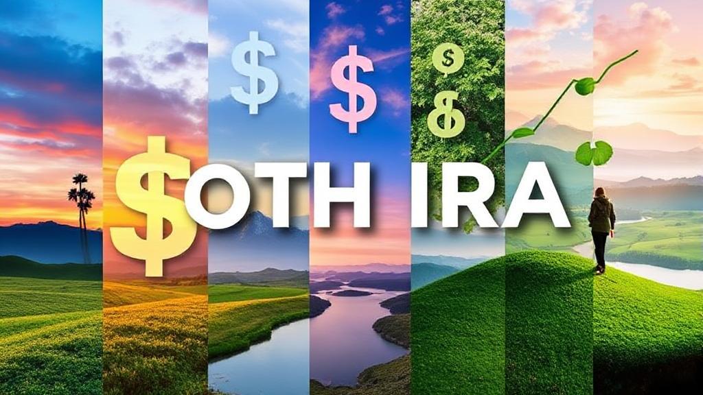 A vibrant collage of financial symbols and serene landscapes, symbolizing growth and security in Roth IRA investments.