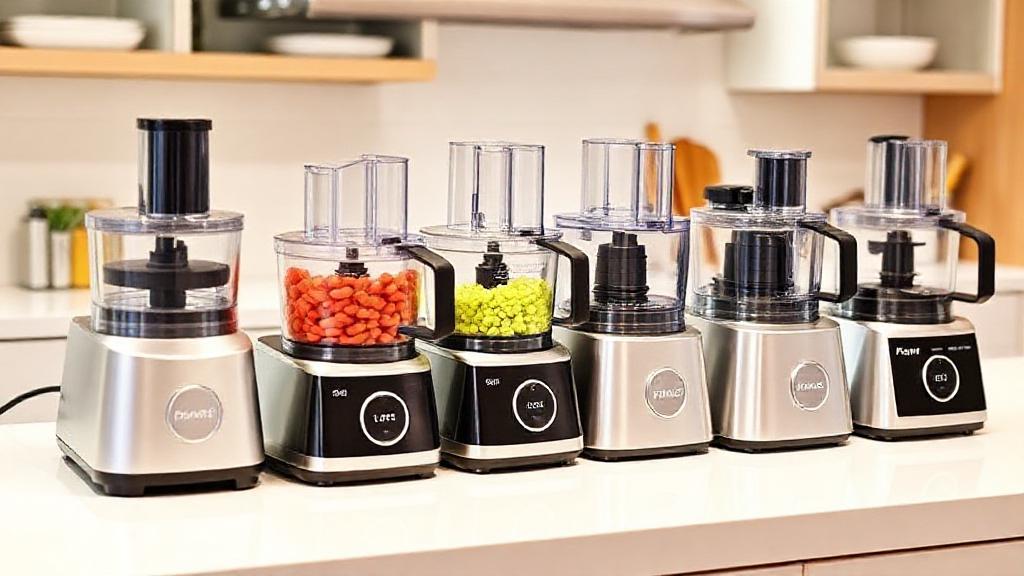 A sleek lineup of modern food processors on a bright kitchen countertop, showcasing a variety of sizes and styles ready for any culinary task.