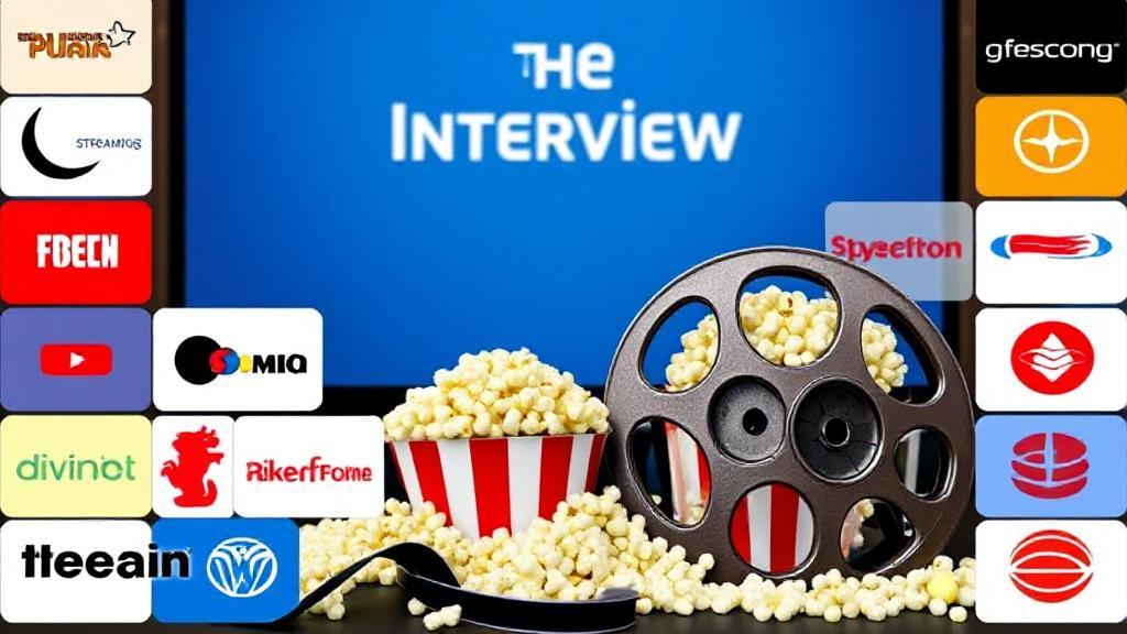 A collage of streaming platform logos surrounding a film reel and popcorn, set against a backdrop of a digital screen displaying "The Interview."