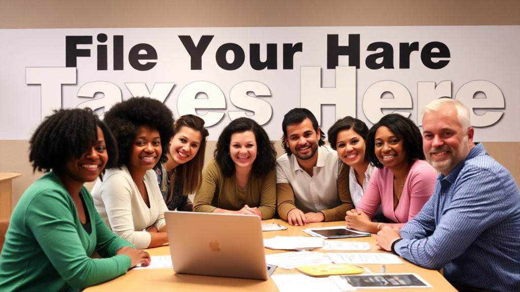 A diverse group of people sitting at a table, surrounded by tax documents and a laptop, with a large "File Your Taxes Here" sign in the background.