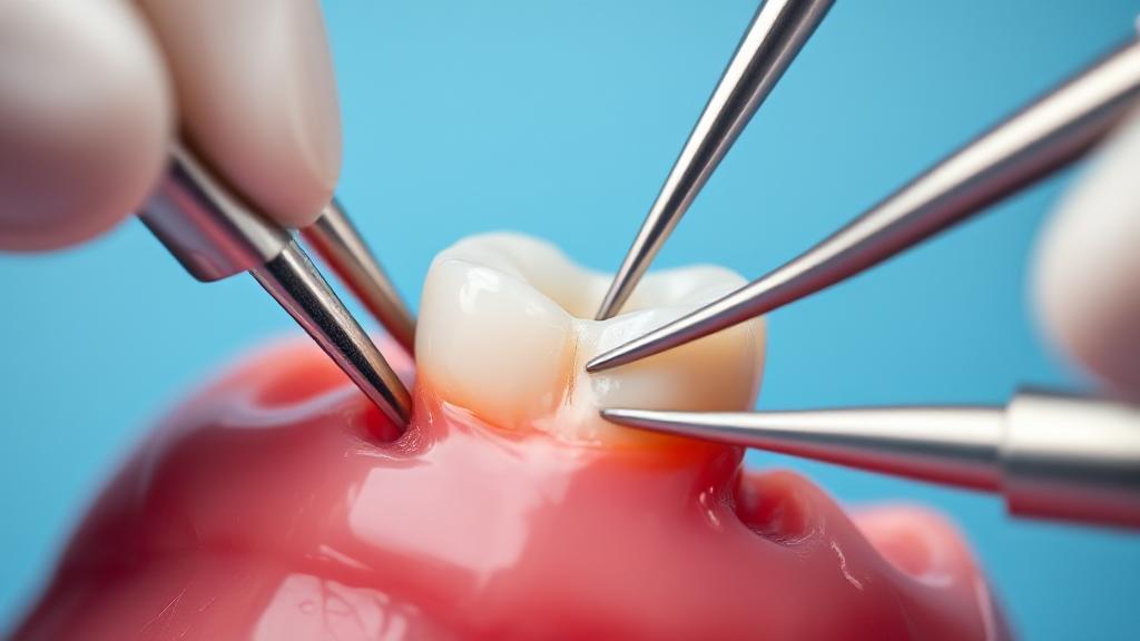 A close-up image of a tooth being gently extracted by dental tools, set against a calming blue background.